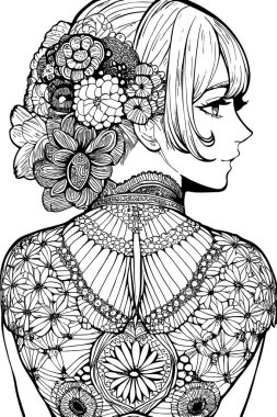 A beautiful girl, featuring decorations and costumes, doodle, coloring book. Vector illustration