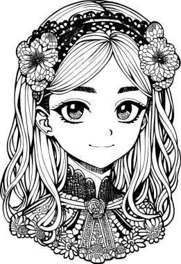 A beautiful girl, featuring decorations and costumes, doodle, coloring book. Vector illustration