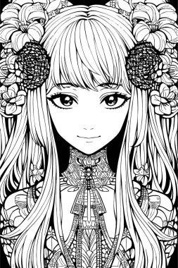 A beautiful girl, featuring decorations and costumes, doodle, coloring book. Vector illustration