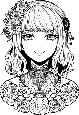 A beautiful girl, featuring decorations and costumes, doodle, coloring book. Vector illustration