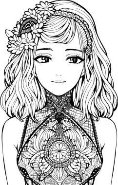 A beautiful girl, featuring decorations and costumes, doodle, coloring book. Vector illustration