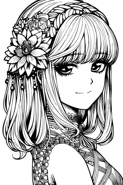 Beautiful Girl Featuring Decorations Costumes Doodle Coloring Book Vector Illustration — 图库矢量图片