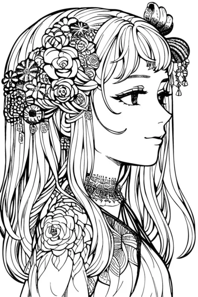 Beautiful Girl Featuring Decorations Costumes Doodle Coloring Book Vector Illustration — Vetor de Stock