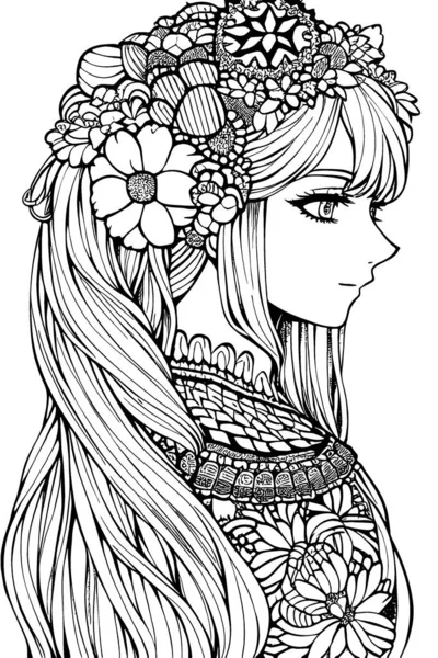 Beautiful Girl Featuring Decorations Costumes Doodle Coloring Book Vector Illustration — 스톡 벡터