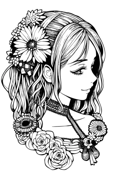 Beautiful Girl Featuring Decorations Costumes Doodle Coloring Book Vector Illustration — Vettoriale Stock
