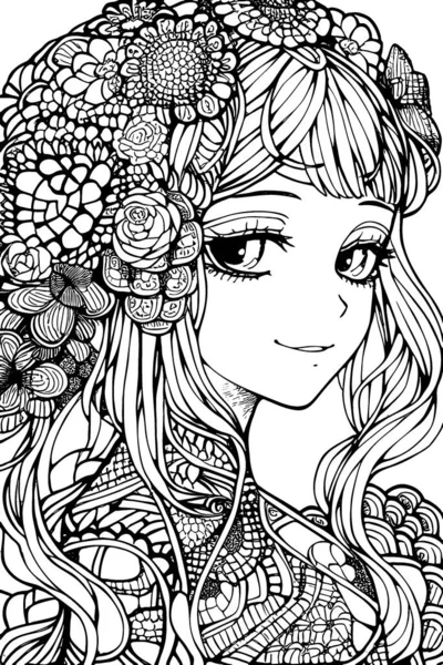Beautiful Girl Featuring Decorations Costumes Doodle Coloring Book Vector Illustration — Vettoriale Stock