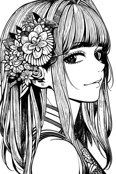 Beautiful Girl Featuring Decorations Costumes Doodle Coloring Book Vector Illustration — Stock vektor