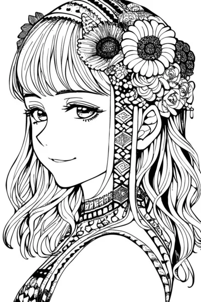 Beautiful Girl Featuring Decorations Costumes Doodle Coloring Book Vector Illustration —  Vetores de Stock