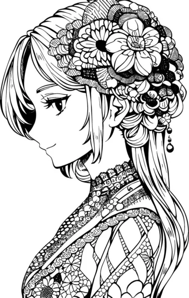 Beautiful Girl Featuring Decorations Costumes Doodle Coloring Book Vector Illustration — 图库矢量图片