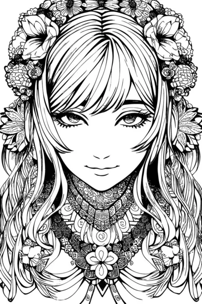 Beautiful Girl Featuring Decorations Costumes Doodle Coloring Book Vector Illustration — Vector de stoc