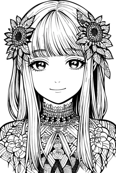 Beautiful Girl Featuring Decorations Costumes Doodle Coloring Book Vector Illustration — Wektor stockowy