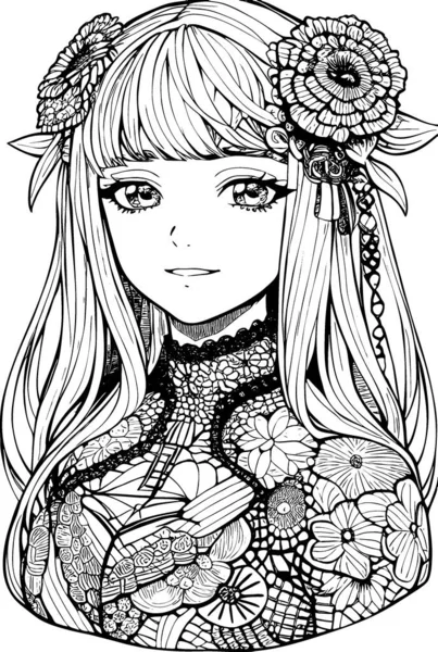 Beautiful Girl Featuring Decorations Costumes Doodle Coloring Book Vector Illustration — Image vectorielle