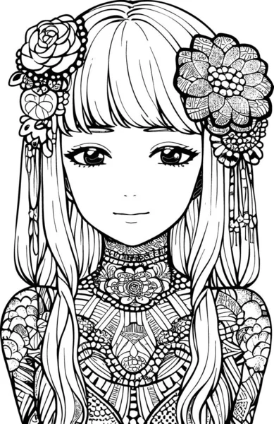 Beautiful Girl Featuring Decorations Costumes Doodle Coloring Book Vector Illustration — Stock Vector