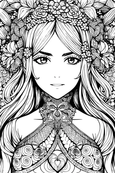 Beautiful Girl Featuring Decorations Costumes Doodle Coloring Book Vector Illustration — Vector de stock