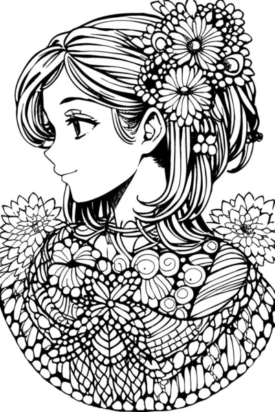 Beautiful Girl Featuring Decorations Costumes Doodle Coloring Book Vector Illustration — 图库矢量图片