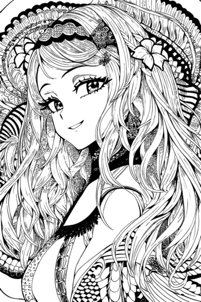 Beautiful Girl Featuring Decorations Costumes Doodle Coloring Book Vector Illustration — ストックベクタ