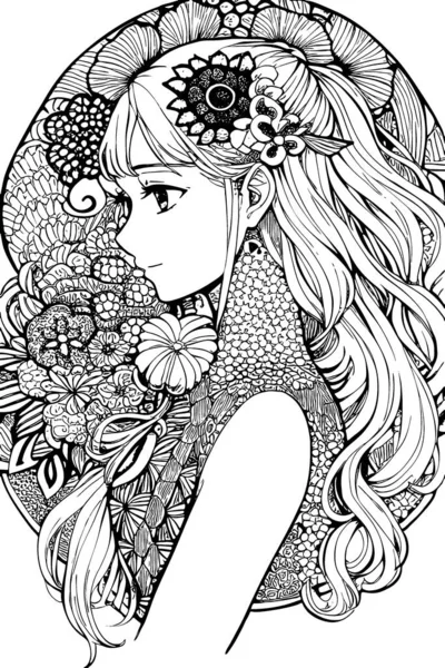 Beautiful Girl Featuring Decorations Costumes Doodle Coloring Book Vector Illustration — Stock Vector