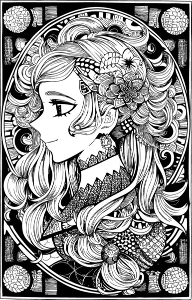 Beautiful Girl Featuring Decorations Costumes Doodle Coloring Book Vector Illustration — Vetor de Stock
