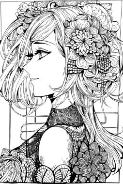 A beautiful girl, featuring decorations and costumes, doodle, coloring book. Vector illustration