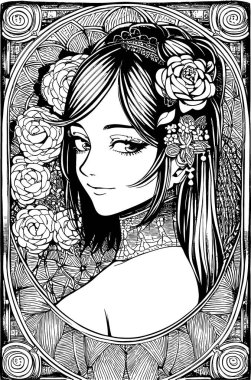 A beautiful girl, featuring decorations and costumes, doodle, coloring book. Vector illustration