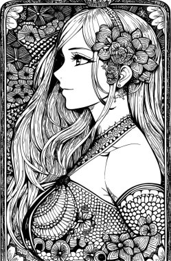 A beautiful girl, featuring decorations and costumes, doodle, coloring book. Vector illustration