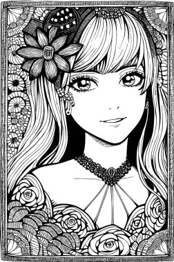 A beautiful girl, featuring decorations and costumes, doodle, coloring book. Vector illustration