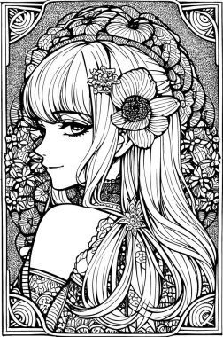 A beautiful girl, featuring decorations and costumes, doodle, coloring book. Vector illustration