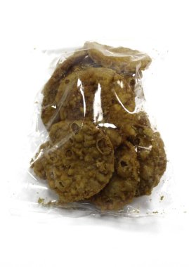 Tempe chips, a typical snack from Bandung, West Java, Indonesia, in plastic packaging.
