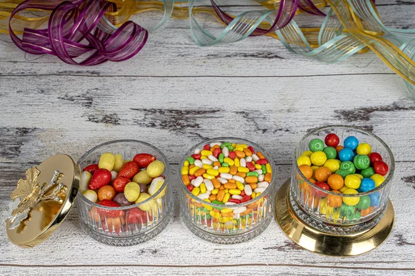 Almond candies.Colorful candies in glass bowl, almond sweets. Sugar Feast, (Feast of Ramadan) Ramadan concepts.