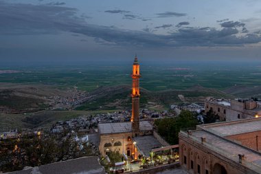 Arka planda Büyük Cami ve Mezopotamya düzlükleri var. Mardin şehir manzarası, Eski kent, Türkiye.