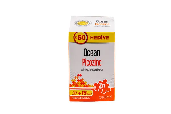 İstanbul Türkiye 27 Nisan 2024; Okyanus Çinko Pikolinatı, gıda takviyesi, Vitamin üreticisi Orzax şirketi.