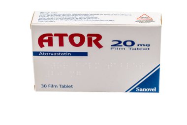 İstanbul Türkiye 27 Nisan 2024; ATOR 20 mg tablet hapı Sanovel şirketi tarafından geliştirildi. Atorvastatin kalsiyum hapları yüksek kolesterolü tedavi eder ve felç ve kalp krizi riskini azaltmak için kullanılır..