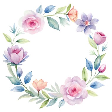 Pastel çiçekli suluboya çelenk. Resimler beyaz arkaplanda izole edildi.