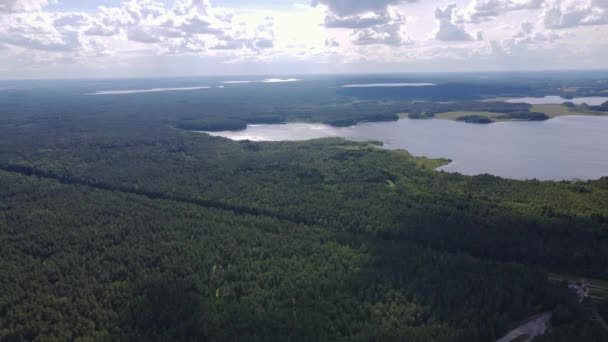 空中からの眺めドローン映像 大きな緑の夏の森と広い青い川 夏の日 高品質のフルHd映像 — ストック動画