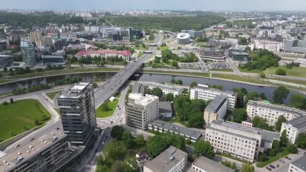 Shooting Drone Highway Overpass City Center Tall Houses Summer Greenery — Video