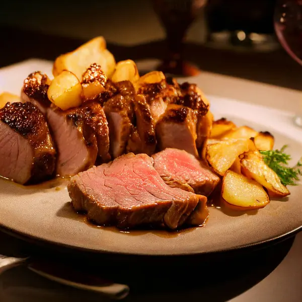 grilled meat with fried potatoes. beef steak with potatoes on a white plate. High quality photo
