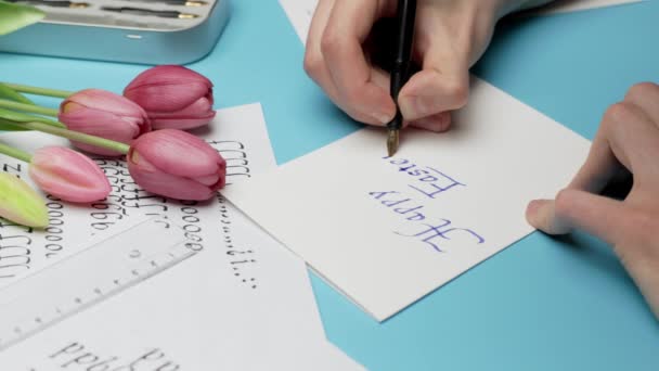 Greeting Card Mans Hand Writes Congratulation Easter Beautiful Handwriting Calligraphy — Stock Video