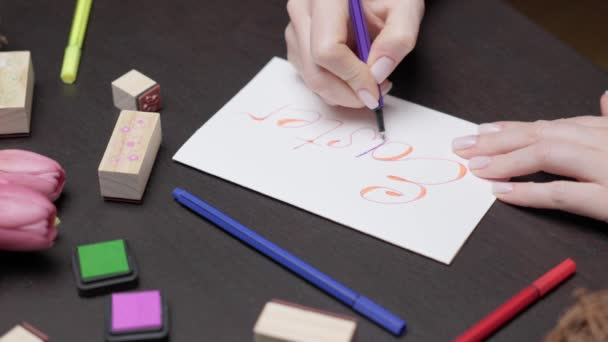 Greeting Card Womans Hand Writes Congratulation Easter Beautiful Handwriting Calligraphy — Vídeos de Stock