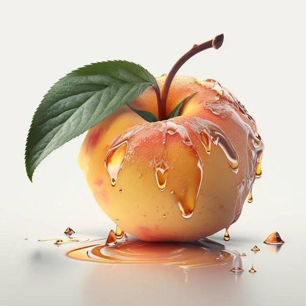 Juicy peach with a green leaf on a gray background. Splashes of juice fly to the sides. High quality photo
