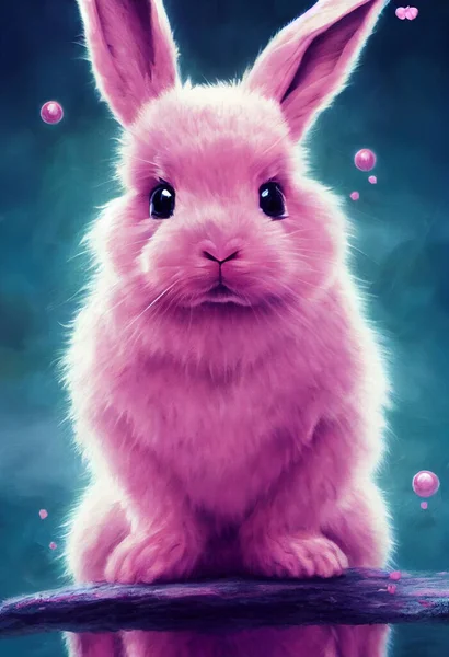 Pink Easter Bunny Blue Background Kind Look Black Eyes High — Stock Photo, Image