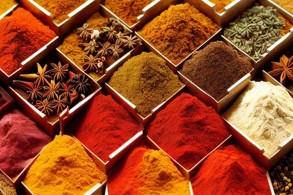 Indian Spices Bazaar Thyme Cinnamon Pepper Turmeric High Quality Photo — Foto de Stock