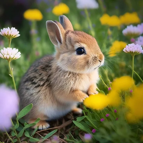 Cute Rabbit Colorful Meadow Hare Grazes Grass Meadow High Quality — Stock Photo, Image