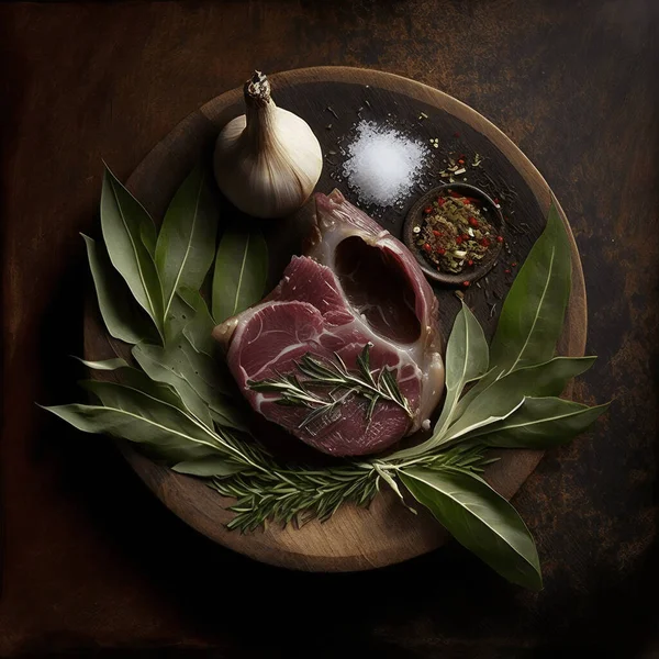 raw veal steak on a wooden plate with rosemary garlic pepper mixture salt. High quality photo