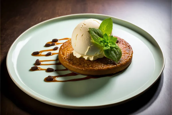 biscuits with ice cream and mint leaves dessert in the restaurant. High quality photo