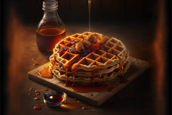 Belgian waffles with wedge syrups on a wooden plate. High quality photo
