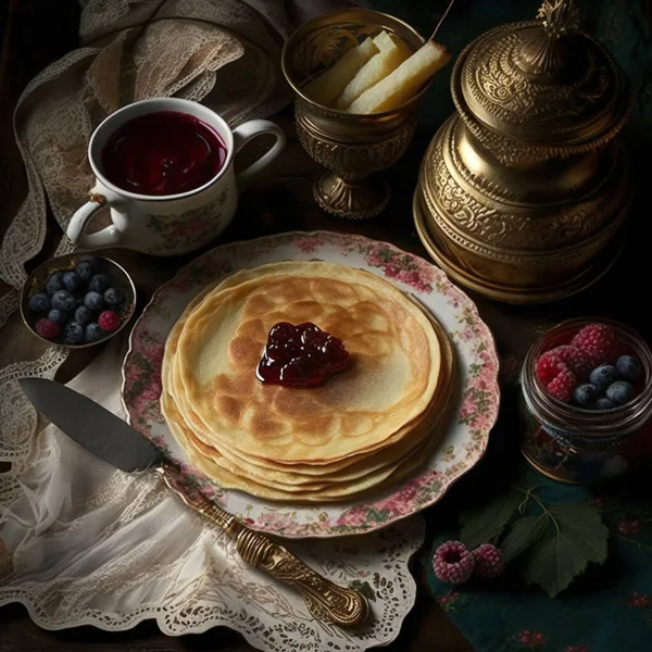 Pancakes Shrovetide Jam Plate Tea Ancient Still Life High Quality — Stock Photo, Image