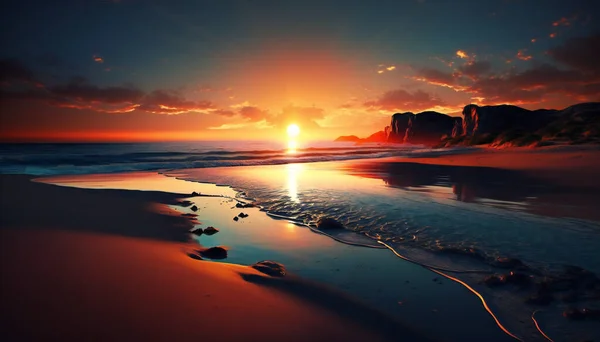 Tramonto Sulla Spiaggia Sabbiosa Riflesso Cielo Rosso Del Sole Acqua — Foto Stock