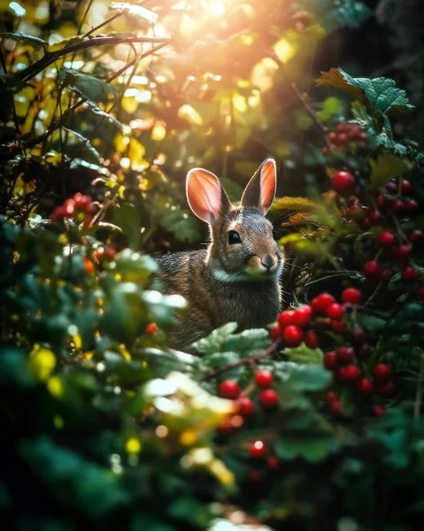 Easter Grey Bunny Woods Sunlight Flowers Ripe Berries High Quality — Stock Photo, Image