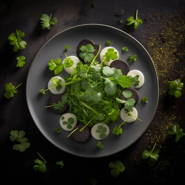 Siyah tabakta turp pancarlı yeşil salata güzel bir sofra. Yüksek kalite fotoğraf