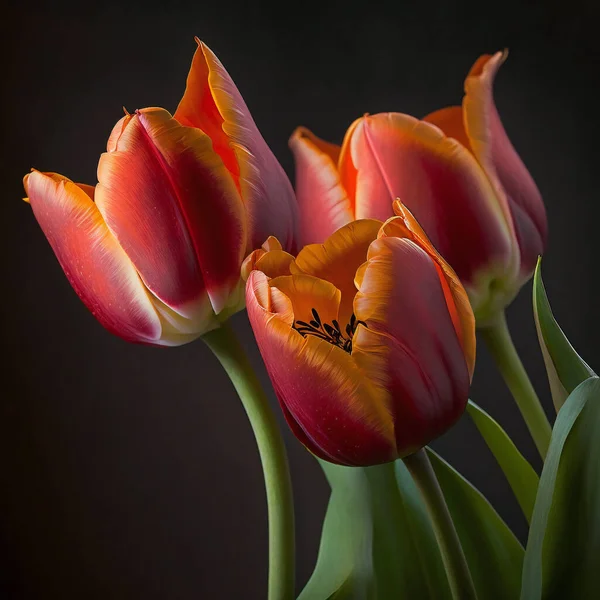 Rode Tulpen Een Zwarte Achtergrond Boeket Van Lentebloemen Hoge Kwaliteit — Stockfoto